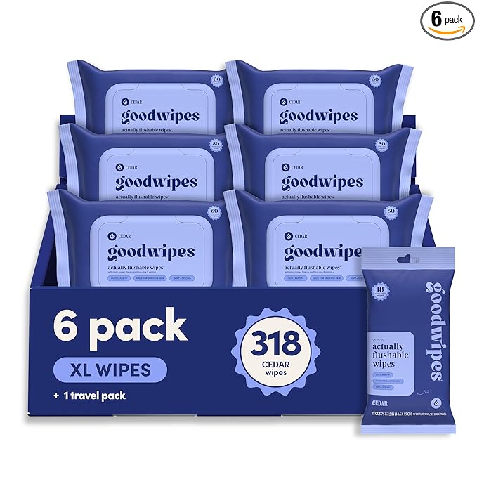 goodwipes Flushable Butt Wipes - Vitamin E & Aloe - Sewer & Septic Safe - Extra Large Adult Wet Wipes For Women & Men - Bathroom Essentials - Cedar, 318 Count (6 Packs + 1 Travel)
