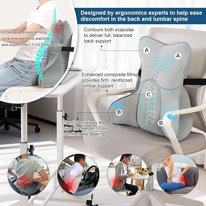 Lumbar Back Pillow (Pat. Pend), Supportive Back Cushion for Bed, Couch & Recliner, Ergonomic Lumbar Pillow with Customizable Firmness for Lower Back Pain Relief, Zinc Gray