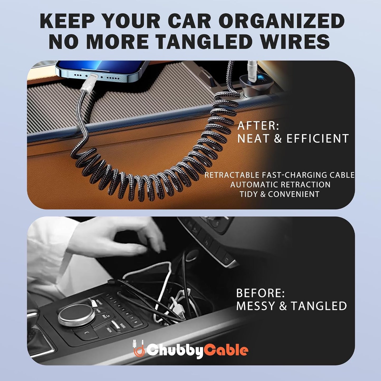 chubbycable Curly Chubby - Retractable Fast Charging Cable 240W Coiled Charger Cord for Car Durable USB-C Cable for Phones, Tablets and More, Yellow, USB-A to Type-C, 1.3FT-2.3FT