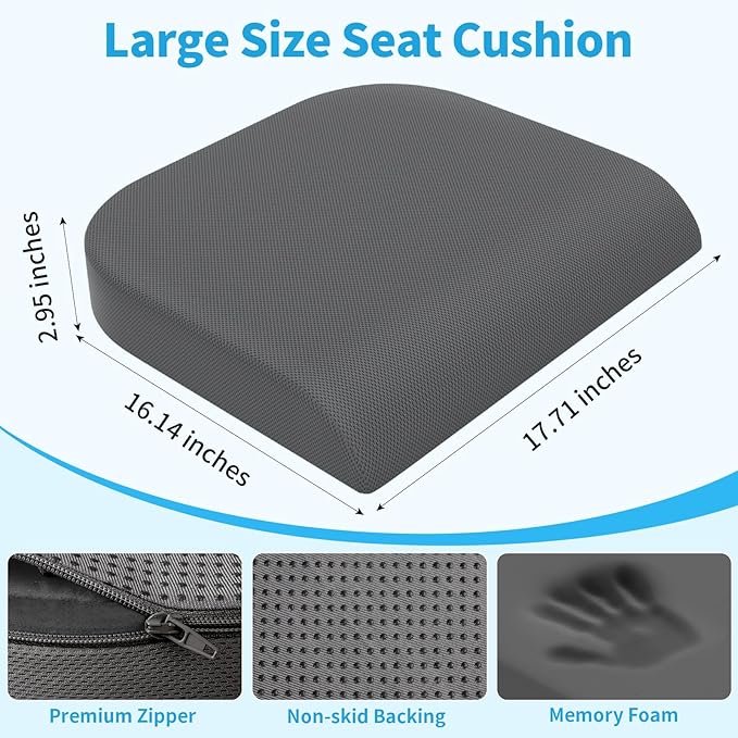 Large Seat Cushion，Soft Foam Cushion for Long Sitting Hours on Office Chair, Home & Car, Non-Slip Chair Pad for Relieving Back & Sciatica & Hip & Coccyx Pain (Grey)