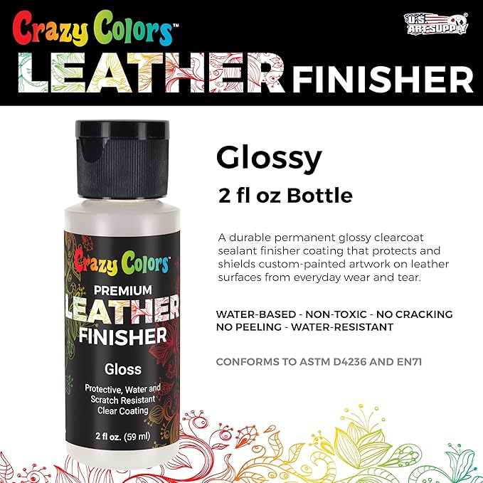 Crazy Colors Premium Gloss Acrylic Leather and Shoe Paint Finisher, 2 oz Bottle - Clearcoat Sealant Protection - Durable Scratch, Crack, Peel, and Fade Resistant Finish - Artwork Jackets, Bags, Purses