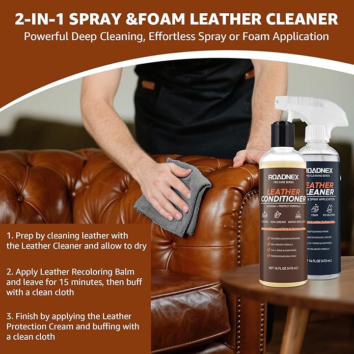 Leather Cleaner and Conditioner Kit | Leather Cleaner for Car Seats,Sofas,Furniture,Shoes,Boots,Bags | pH-Balanced,Restores,Protects | 2 x 16 oz Bottles