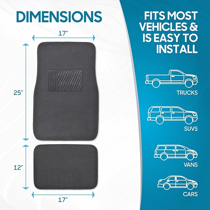 BDK Classic Carpet Floor Mats for Car & Auto - Universal Fit -Front & Rear with Heelpad (Charcoal) - MT100CC