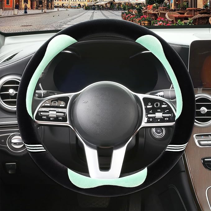 Furry Cute Steering Wheel Cover, Soft Fluffy Short Plush Auto Accessories, Non-Slip Cold-Proof Sweat-Proof Colorfast, Universal 15 inch(Black with Green)