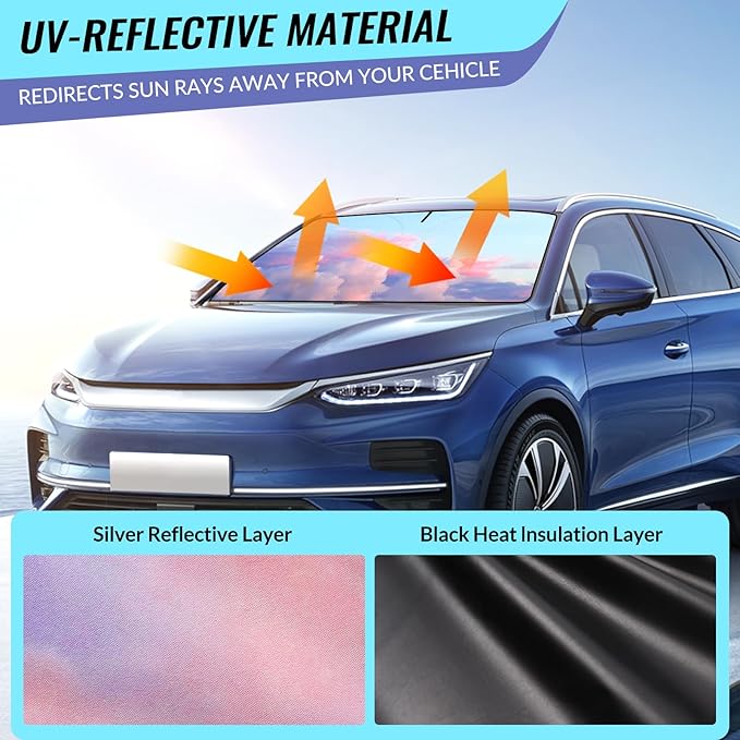 Car Windshield Sun Shade - Reflector Sunshade Offers Ultimate Protection for Car Interior, Cool Reflective Sun Blocker Fits Small Sedans, Mini SUVs