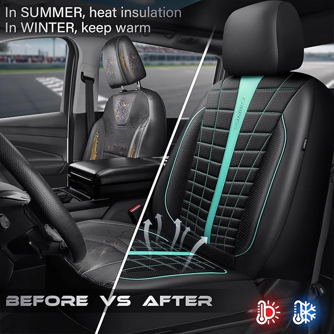 CAR PASS 3D Air Mesh Seat Covers for Car, Leather Car Seat Cover Front Seats, Breathable Foam Premium Leather Mesh Front Seat Covers Universal Fit for Cars Sedans Trucks Vans SUVs, Black Mint