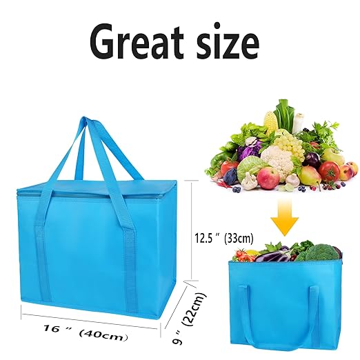 musbus 2-Pack extra Insulated Grocery shopping bag, large Blue, reusable bags,Pizza,Sturdy zipper,Collapsible,tote,cooler,for transport women,for instacart,Durable,thermal