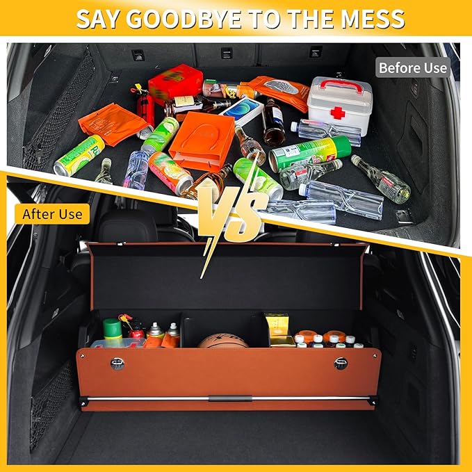 Car Trunk Organizer, Collapsible Sturdy Trunk Storage Container with Lid and Handle Large Leather Car Trunk Storage (Orange, 39.7 x 11.4 x 12.2in)