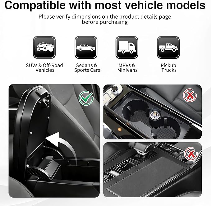Center Console Cover, Car Armrest Cushion with Cup Holder&Tissue Box, 2 Side Storage Box, Car Armrest Storage Box Interior Accessories (Black)