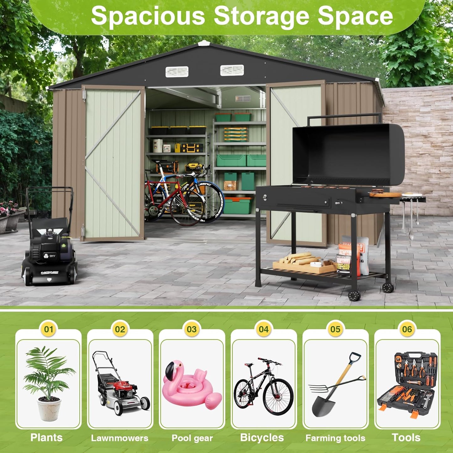 JUMMICO 10 x 10 FT Outdoor Storage Shed, Large Metal Garden Shed & Tool Sheds for Backyard Garden Patio Lawn (Brown)