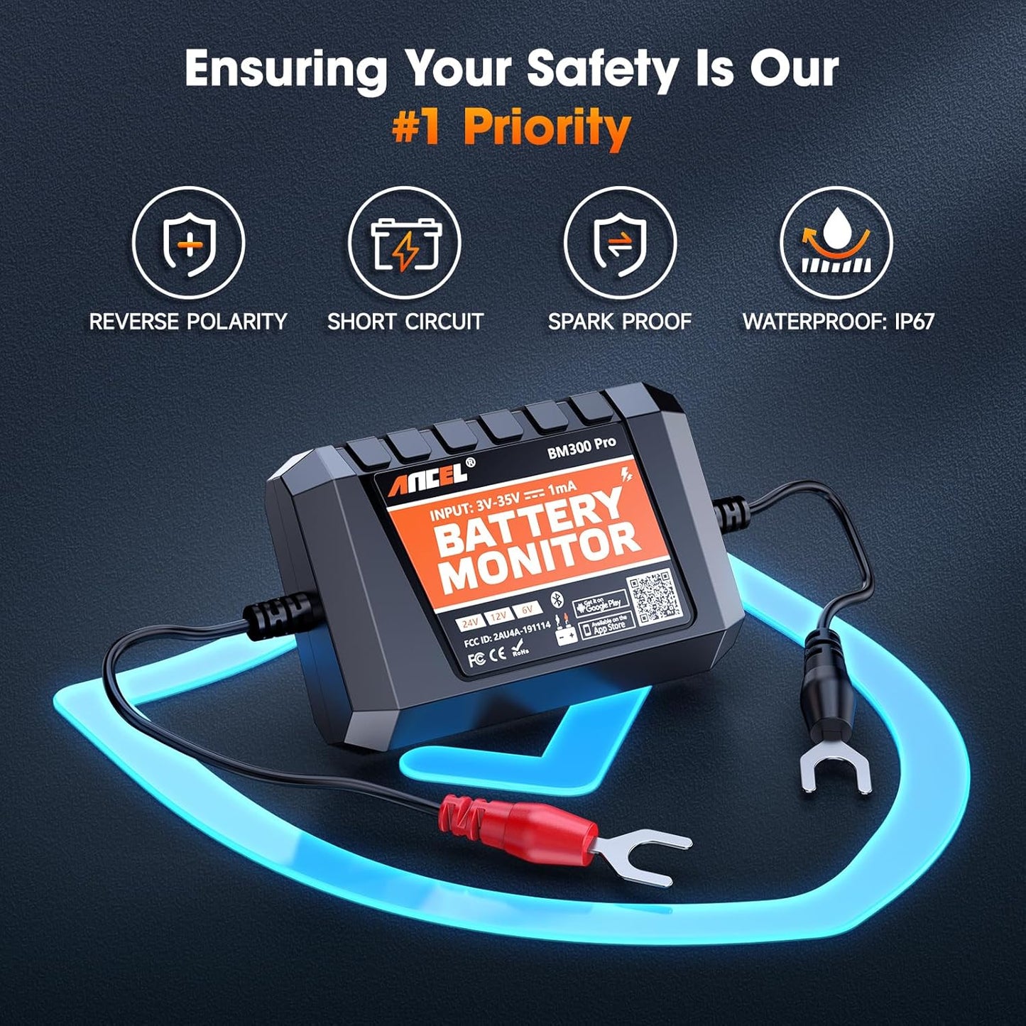 (Upgraded BM300) ANCEL BM300 Pro 6V 12V 24V Battery Monitor - Bluetooth 5.3 Battery Monitor with Charging, Cranking System Test & Alarm - IP67 Waterproof Voltmeter for Trucks, Cars, Motorcycles, Boats