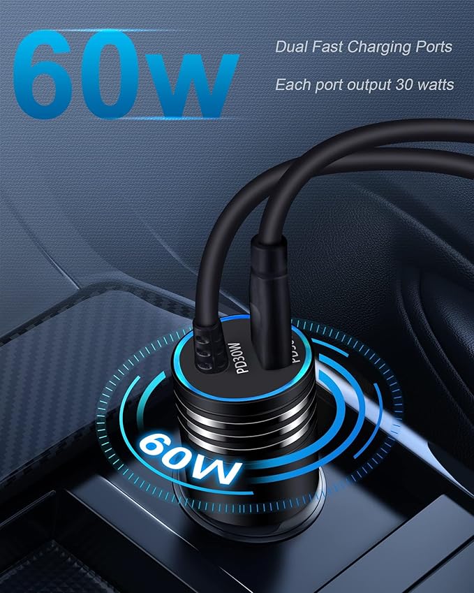 iPhone 16e 17e Car Charger USB C, 60W Dual PD Super Fast Charging Car Adapter with Coiled USB-C Cable for Apple 17/16 Pro Max/16 Pro/15 Plus/15Pro, iPad mini/Air/Pro 11 inch, Type C cargador para Car