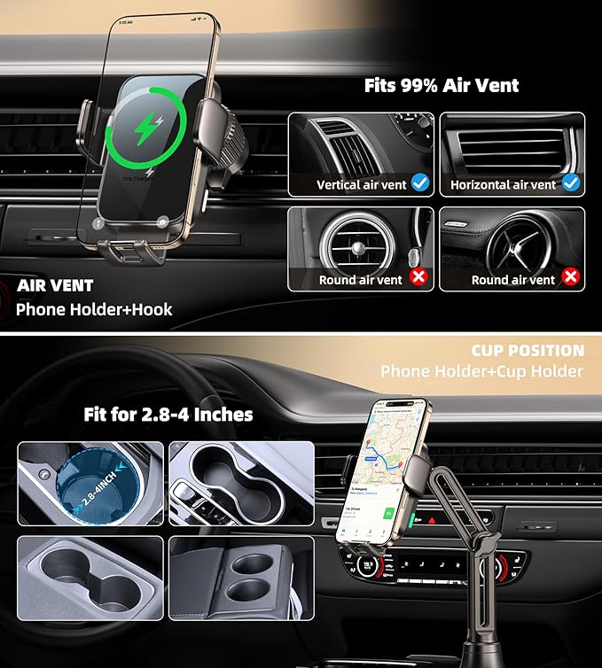 Dual Coil 15W Cup Phone Holder Mount,Wireless Car Charger Auto-Clamping Fast Charging Vent Phone Holders for Your Car for iPhone Series,Samsung Flip S24 S23 S22 Ultra (Black-White)