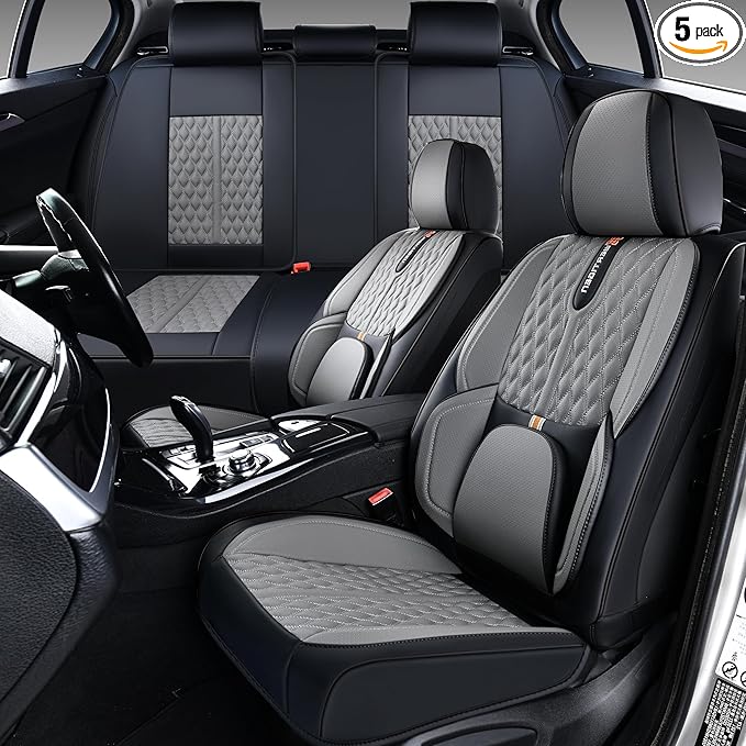 Car Seat Cover Set, Black and Gray, Automotive Interior Accessories, with Lumbar Support, Premium Nappa Leather, Waterproof, Protects and Upgrades Your Car Interior, Fits Most Vehicles