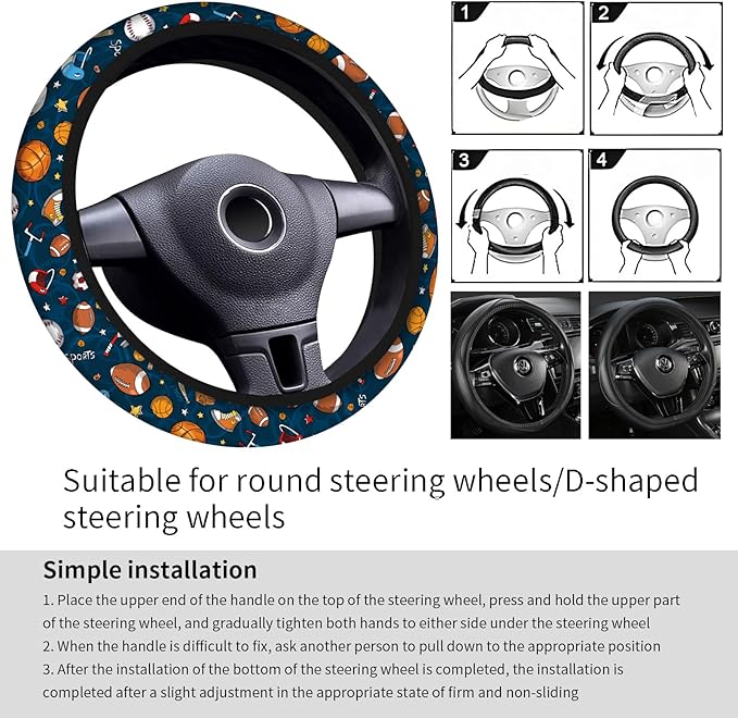 Car Steering Wheel Cover, Universal 15 Inch Neoprene Non-Slip Steering Wheel Covers, Funny Car Accessories for Women Men Fit Auto, Suvs, Truck Cute Blue Sport Balls