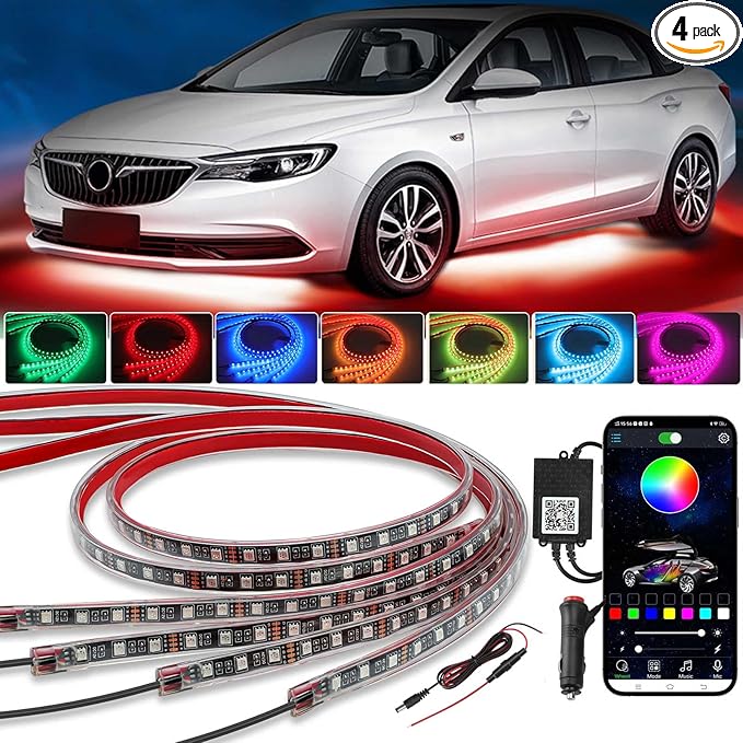 YUGUANG 4Pcs Underglow LED Lights for Cars, 16 Million Colors APP Control Car Underglow Kit Music Sync RGB Under Glow LED Car Strips Light Kit for Cars Trucks SUVs