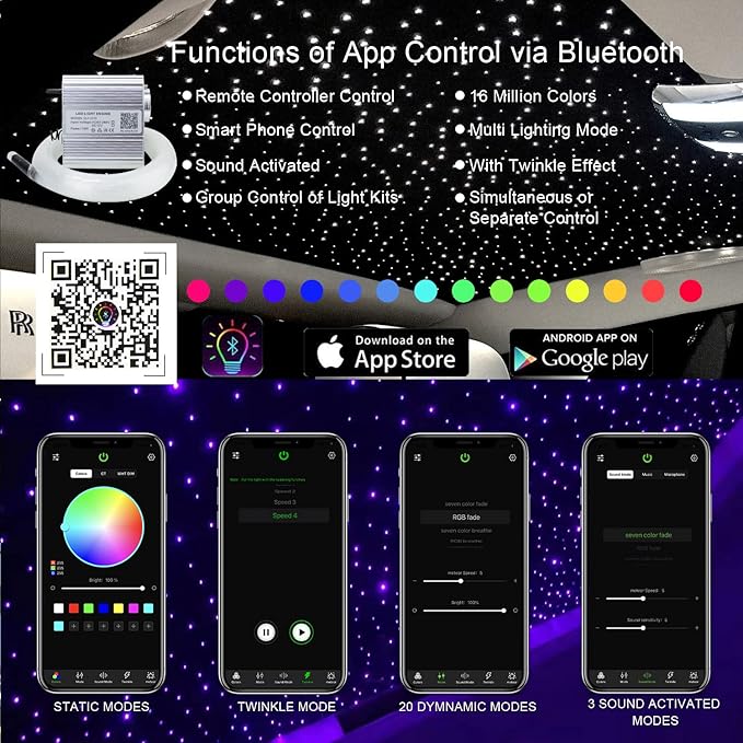 AKEPO Twinkle Fiber Optic Lights kit APP Control with Music Mode for Star Ceiling Sky Light Car Home Use, RGBW Light Engine+Optical Fiber Cable 460pcs of 9.8ft/3m(0.03+0.04+0.06in)+28key Remote