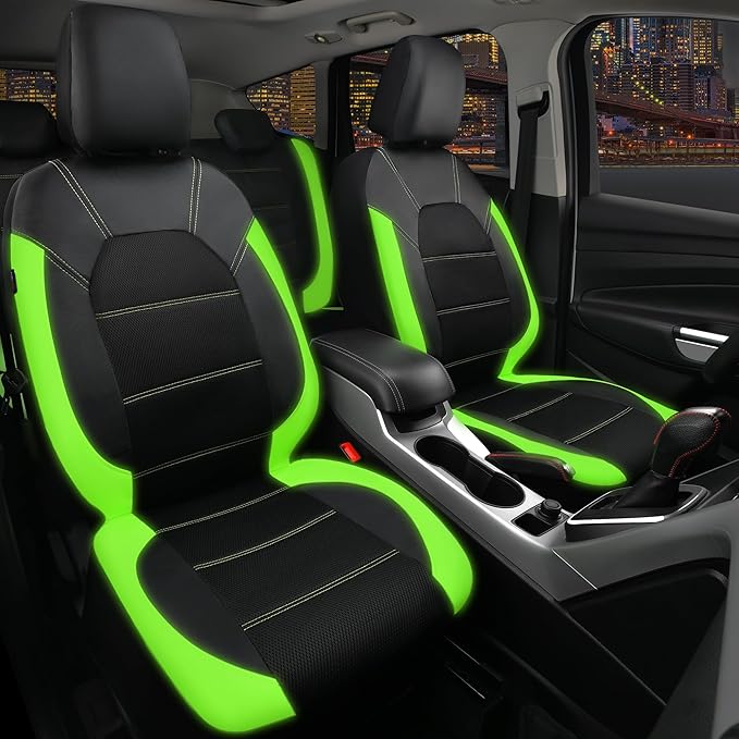 CAR PASS Luminous Green Leather seat Covers Universal Sport car seat Cover, 5mm Composite Sponge Inside, Airbag Compatible fits Most Cars, SUVs,Trucks,Vans (Full Set,Black with Green)