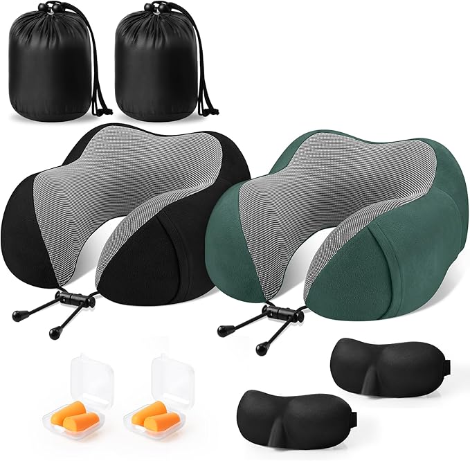 CloudBliss Travel Pillow Premium Memory Foam, Comfortable & Supportive Neck Pillow, Neck Pillows for Sleeping Travel, Airplane Pillow for Sleeping Airplane, Car, Office and Home（Black & Green）