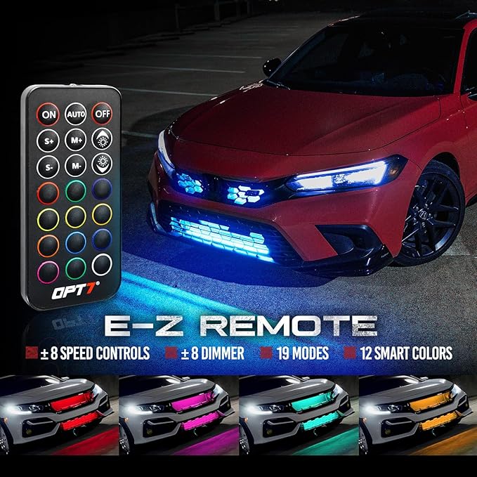 OPT7 Aura 4PCS RGB LED Grille Lights with Remote Control, 24 inches Waterproof LED Strip Lights, Multicolor, Dimmer, Fade, Cycle, Strobe, Peel'n'Stick Front Grill Valence, Truck Van RV JDM Decor