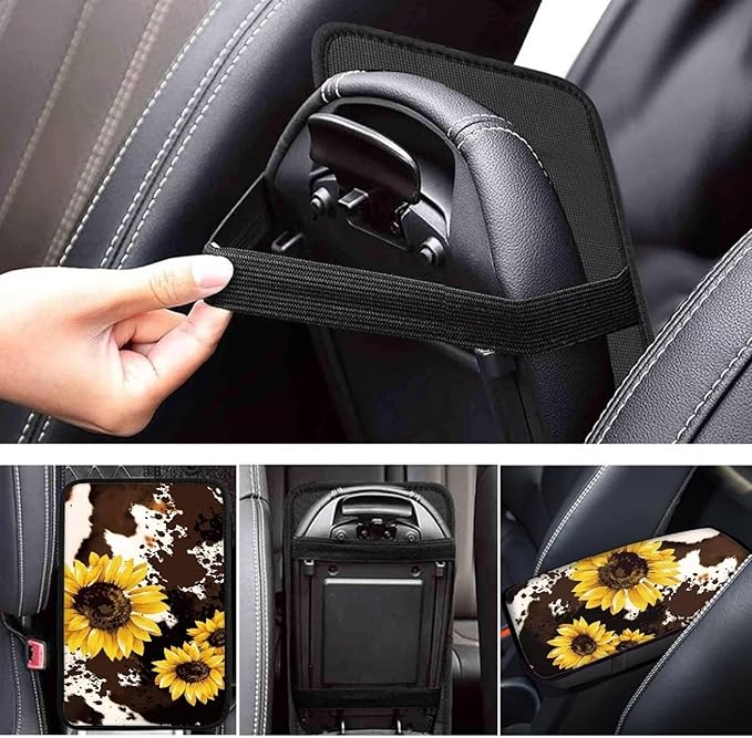 Sunflower Car Armrest Cover Protector Brown Cow Print Auto Center Console Cover Pad,Car Armrest Seat Box Cover Cushion Car Accessories Decor Universal for Most Car Sedan SUV
