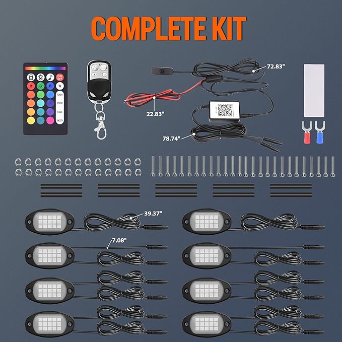 RGB LED Rock Lights 8 Pods - Multicolor Underglow Neon Light Kits, Underbody Lamp Waterproof with APP/Remote Control & Music Mode for Pickup Car Off Road SUV ATV Vehicle