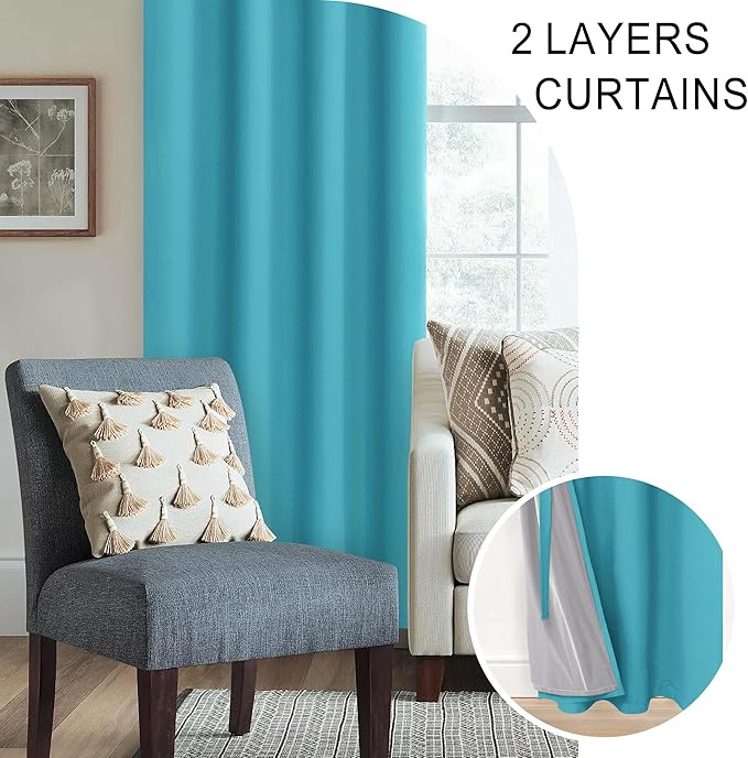 XWZO 100% Blackout Curtains 84 Inches Long with Tiebacks- Privacy Protection & Noise Blocking Window Draperies Grommet Top with Black Liner for Bedroom/Living Room, Turquoise, W60 x L84, Set of 2