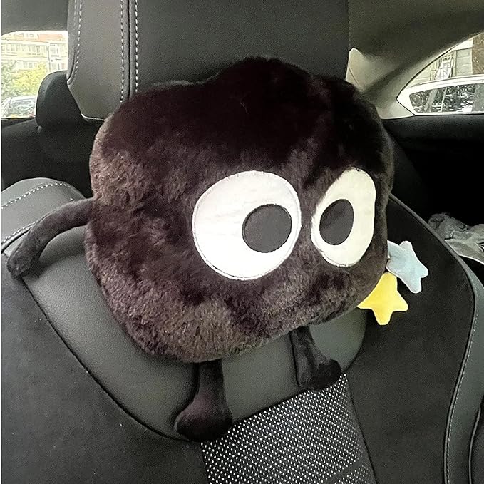 Car Headrest Pillow & Steering Wheel Cover Set with Cute Big-Eyed Furball Travel Neck Support Pillow Fur Car Interior Accessory (Black 3Pcs Set)