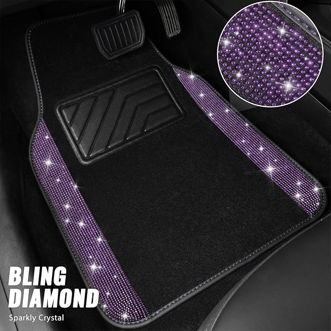 CAR PASS Bling Rhinestones Diamond Car Floor Mat, Crystal Sparkly Shining Glitter Carpet, Waterproof Anti-Slip PVC Heel Pad Universal Fit Interior Set SUV,Sedan,Van,4pcs Girl Women Men Violet Purple