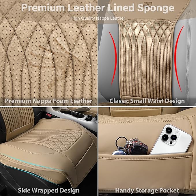 CAR PASS Car Seat Protector, 2 Pack Sideless Nappa Leather Seat Covers for Cars, All Season Waterproof Breathable Front Seats Cushion with Storage Pocket Universal Fit Vehicle Car SUV Truck, All Beige