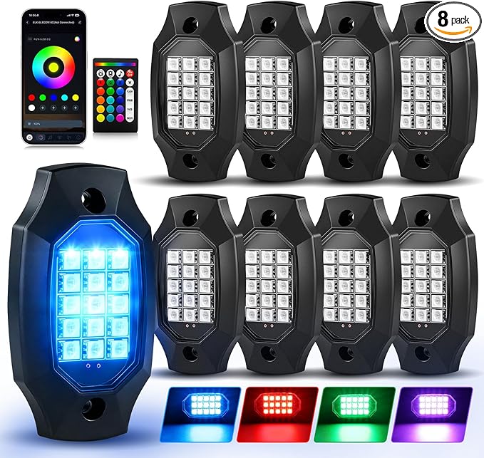 8 Pods RGB LED Rock Lights with APP/RF Remote Control High Brights Waterproof Underglow Multicolor Zone Neon Exterior Rock Lights for 12V Trucks Jeep UTV ATV RZR Offroad Pickup SUV Accessory