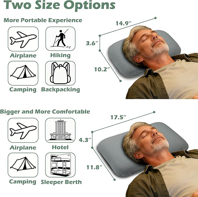 Cooling Camping Pillow, Memory Foam Travel Pillow with Adjustable Buckle Strap & Storage Bag, Compact Small Pillow for Airplane, Car Lumbar, Office, Washable Cooling Cover, Quarry Grey