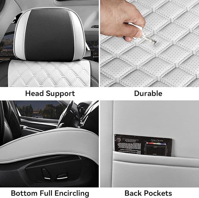 Car Seat Covers Full Set, Luxury Leather Waterproof Non-Slip Seat Protector Universal Fit for Most Cars SUVs Trucks Pick-ups,White and Black Car Accessories Interior(Full Set White)