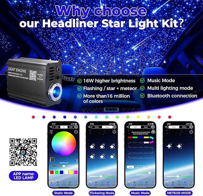 2 in 1 Twinkle & Meteor Starlight Headliner Kit with 200 Shooting Stars, Twinkle Star Lights for Car Decor 750pcs*0.03in*9.8ft/3m, Fiber Optic Star Ceiling Lights for Car Roof Home Ceiling