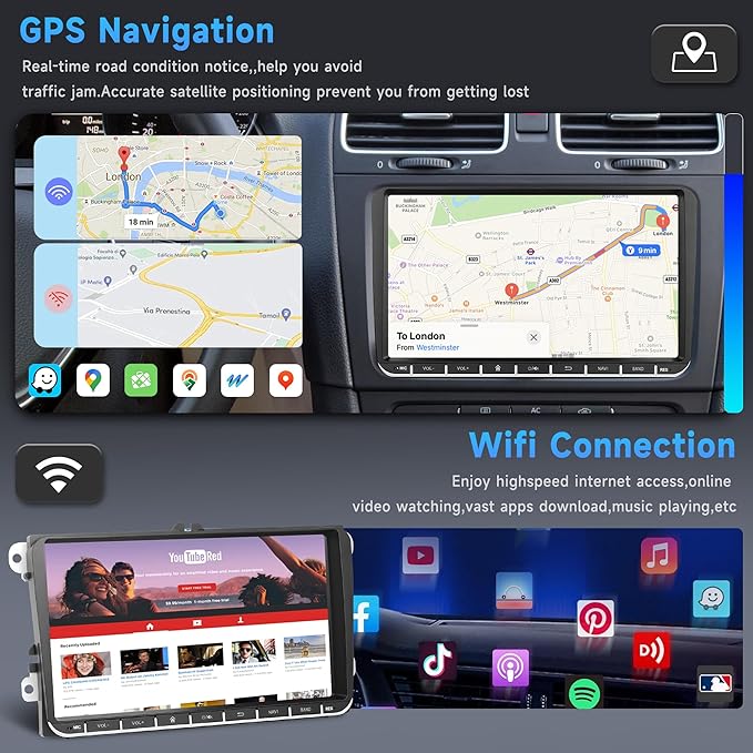 4G 64G Android Car Stereo for VW Passat Jetta Tiguan Golf MK5 MK6 T5 EOS Polo Touran Seat Sharan Carplay Android Auto Radio, 9'' Touchscreen Bluetooth Mirror Link WiFi GPS FM/RDS DSP Backup Camera
