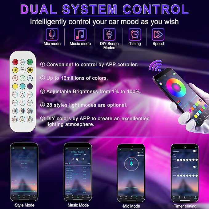 LivTee Smart Car Interior Lights, RGB LED Accent Lights with App Control, DIY Mode, Music Mode, 2-Line Design, Car Accessories for Women