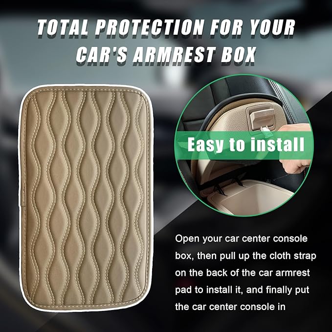 Car Center Console Pad, Waterproof Auto Armrest Seat Box Cover, PU Leather Arm Rest Protector Cushion Pad, Universal Vehicle Interior Protection Accessories for Car SUV (Beige)