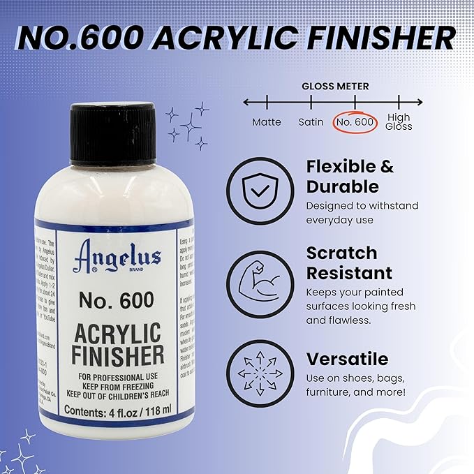 Angelus No. 600 Acrylic Leather Finisher – Flexible Clear Coat for Leather Shoes, Bags, Jackets & Accessories, High Shine Finish for Leather Craft & Restoration. No. 600-4 fl oz