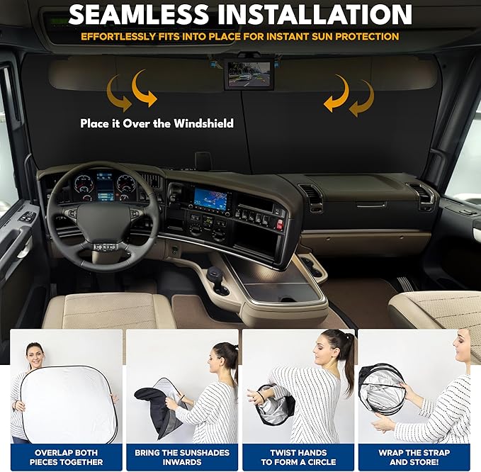 EcoNour Semi Truck Windshield Sunshade, Foldable 2-Piece Car Sunshade Reflects UV and Heat, 240T Polyester Silver-Coated Sun Shade for Semi Trucks and Large Vehicles, Front Window Sun Shade 40 x 32 In