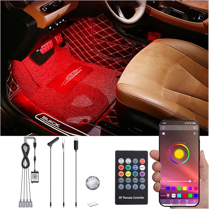 Car Ambient Lighting Kit 64 Colors Multicoloured Music Footwell Lighting RF Remote + APP Control Car DIY Decorative Atmosphere Lighting DC 12V 1W