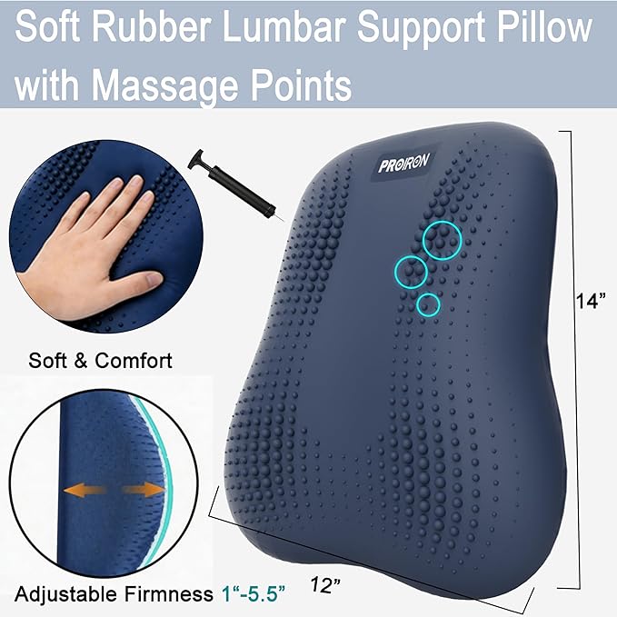 Lumbar Support Pillow, Inflatable Rubber Lumbar Pillow for Lower Back Pain Relief - Car Back Cushion for Driving - Lumbar Support for Car-Office Chair, Massage Points, Adjustable Firmness, Blue