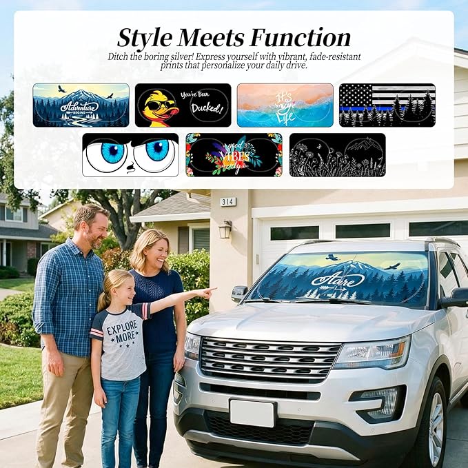 63"x28.5" Car Windshield Sun Shade with Storage Pouch, Stylish Printed Front Window Sunshade with Double Ring Frame, Universal Fit Foldable Heat Blocker & UV Protector for SUV, Sedan (Adventure-Peak)