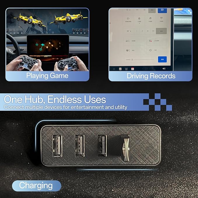 USB Hub for Tesla Model Y Juniper 2025 2026 Model 3 Highland 2024 2025, 4 in 1 Glove Box USB 3.0 Expander Glovebox Docking Station for Dashcam Flash Drive Charging Data Transferring Game Music