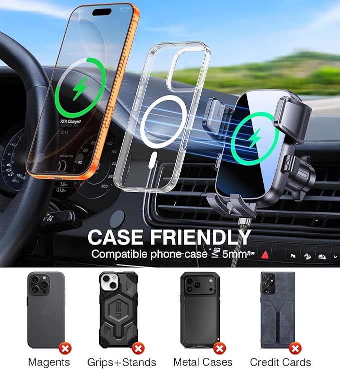 Kaistyle Wireless Car Charger【One Hand Manual Clamping】 Fast Wireless Charger for Car Phone Holder Mount Charger Phone Holders for Your Car Dashboard/Windshield/Vent Truck Mount for iPhone Samsung