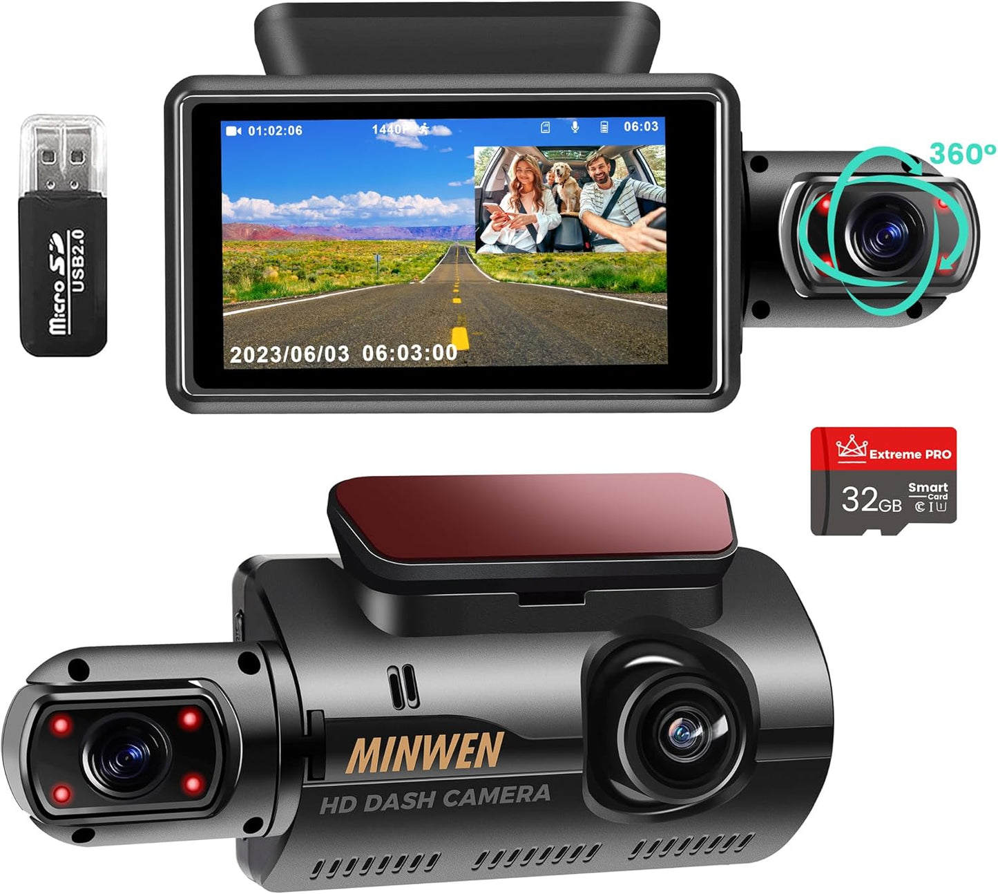 Dual Dash Camera for Cars, Dash Cam Front and Inside, 1440P Dashcam Front + 720P Inside Car Camera, 3'' Car Monitor with 32G SD Card, Night Vision G-Sensor Loop Recording Essential Car Accessories