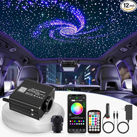 16W Twinkle Starlight Headliner Kit, 500pcs of (0.03+0.04+0.06in)*9.8ft Fiber Optic Strands Bluetooth APP/Remote/Music Control, RGBW Star Ceiling Light Kit+Adapter+Car Use Plug for Car