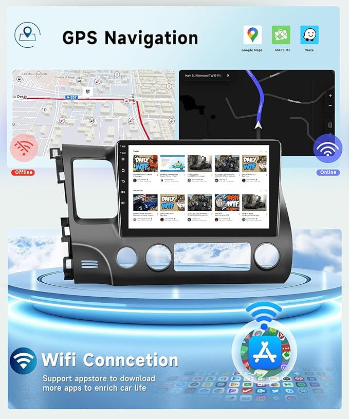 8 CORE 6G+128G Car Stereo Radio for Honda Civic 2006-2011 with Wireless CarPlay Android Auto, 10.1 Inch 1280 * 720P IPS Touch Screen Head Unit Android 13 GPS WiFi Bluetooth 32-Band DSP SWC HD Camera