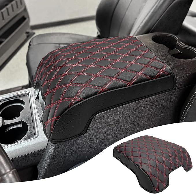 KBH Center Console Armrest Cover for Ford F250 F350 F450 F550 2011-2016, Auto Arm Rest Box Cushion Pad, PU Leather Trim, Anti-Scratch, Black-red Stitch (Fits Bucket Seat Console Only)