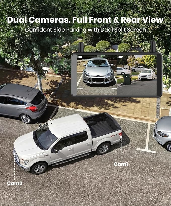 AUTO-VOX 2 Solar Wireless Backup Camera: 6‘’ 16:9 HD Monitor with Dual Antenna Strong Signal, Split Screen View for Balanced Dual Views, DVR Recording Back Up Camera for Car, SUV, Truck, Trailer