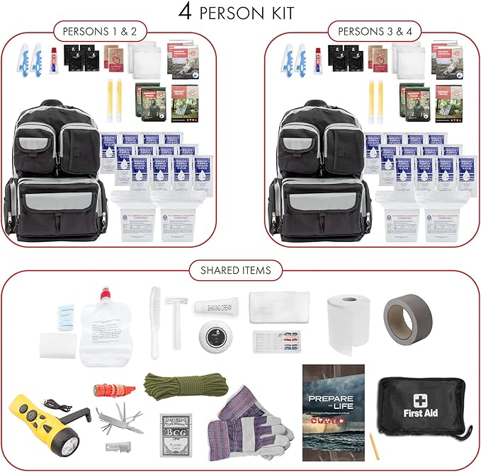 Emergency Zone 2 & 4 Person 72 Hour Survival Kit | Bug Out Bag with Food, Water, First Aid, Emergency Shelter, Survival Gear - Disaster Preparedness Go Bag for Earthquake, Hurricane, Car, Home